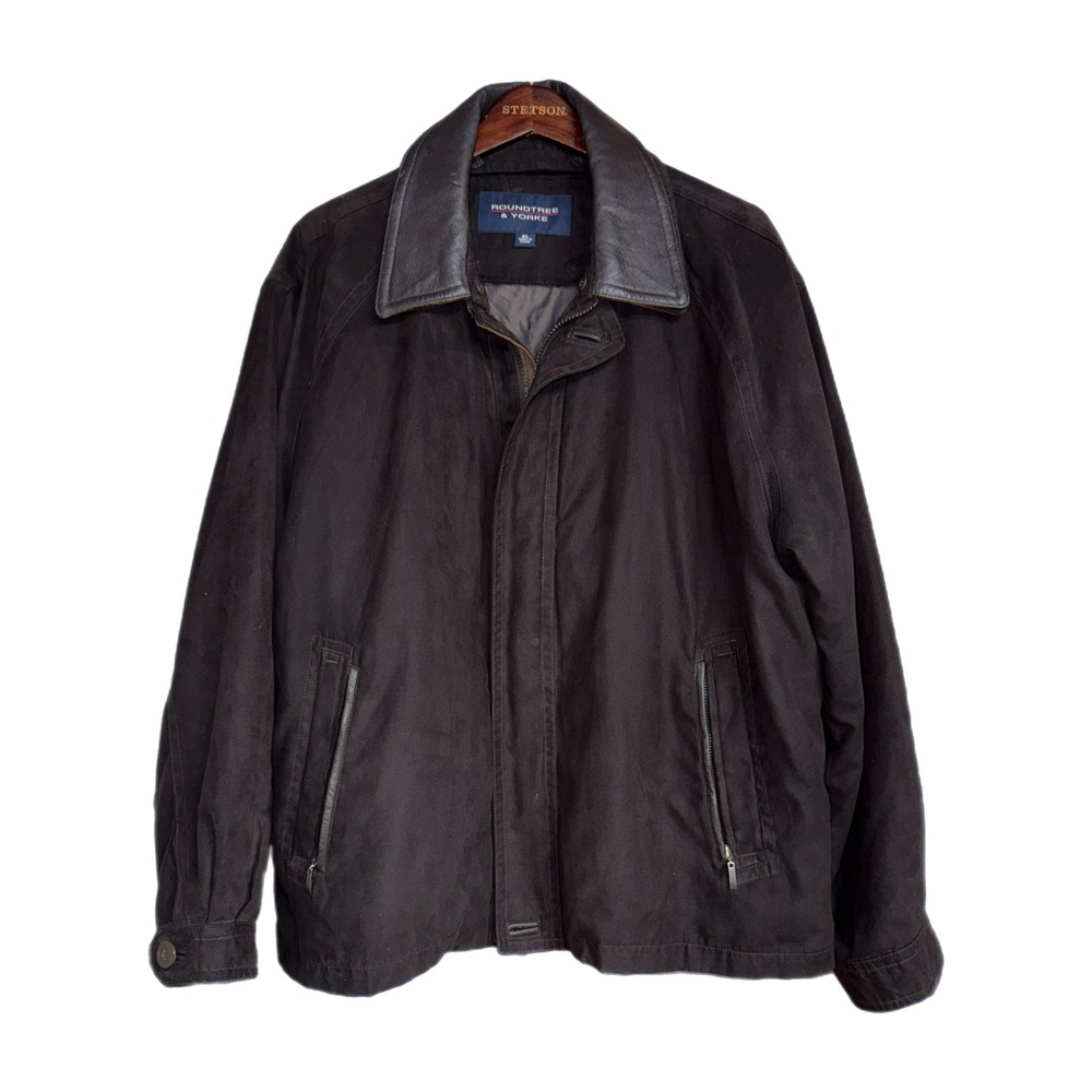 Roundtree & Yorke Mens XL Brown Microfiber Jacket Removable‎ Leather Collar Coat